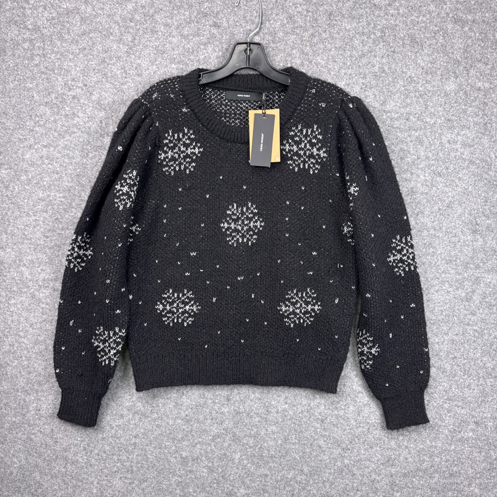 Vero Moda Womens Snowy Frost Snowflake Puff Sleeve Sweater Black White M NWT
